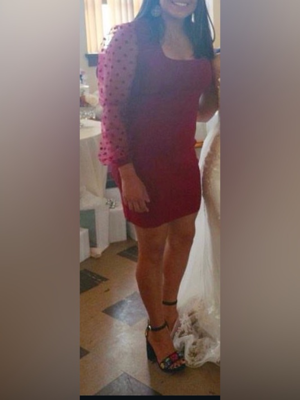 eesome Red Knit Dress with Polka Dot Sheer Sleeves